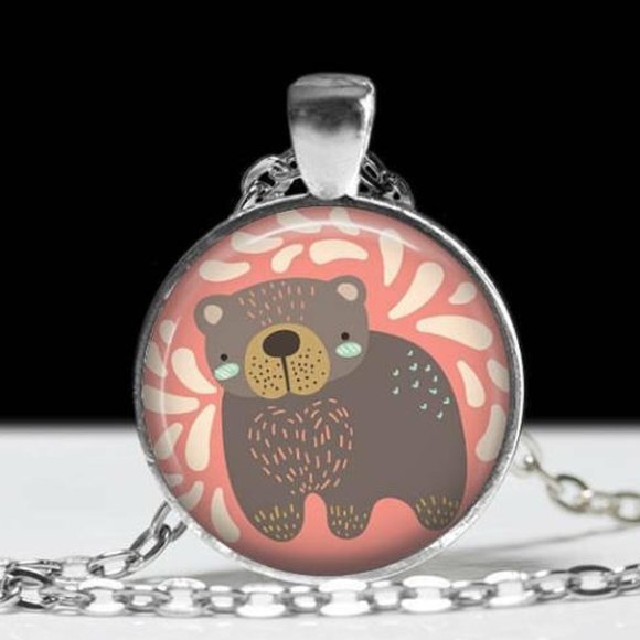 Kristy's Jewels Jewelry - Silver Bear Heart Flower Cabochon Pendant Necklace